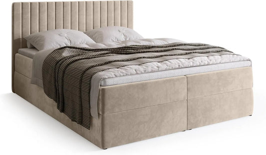 Polsterbett und gepolstertes Bettgestell – mit Stauraum, mit Bettkasten, mit Samtbezug, 140 × 200, beige, mit Stoffbezug