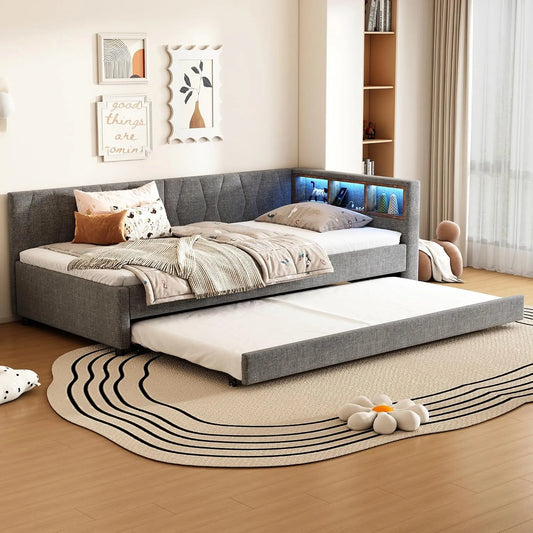 Tagesbett und Gästebett – ausziehbar, mit USB-Anschluss, mit Lattenrost, LED-Anzeige, 90 × 200 cm, grau