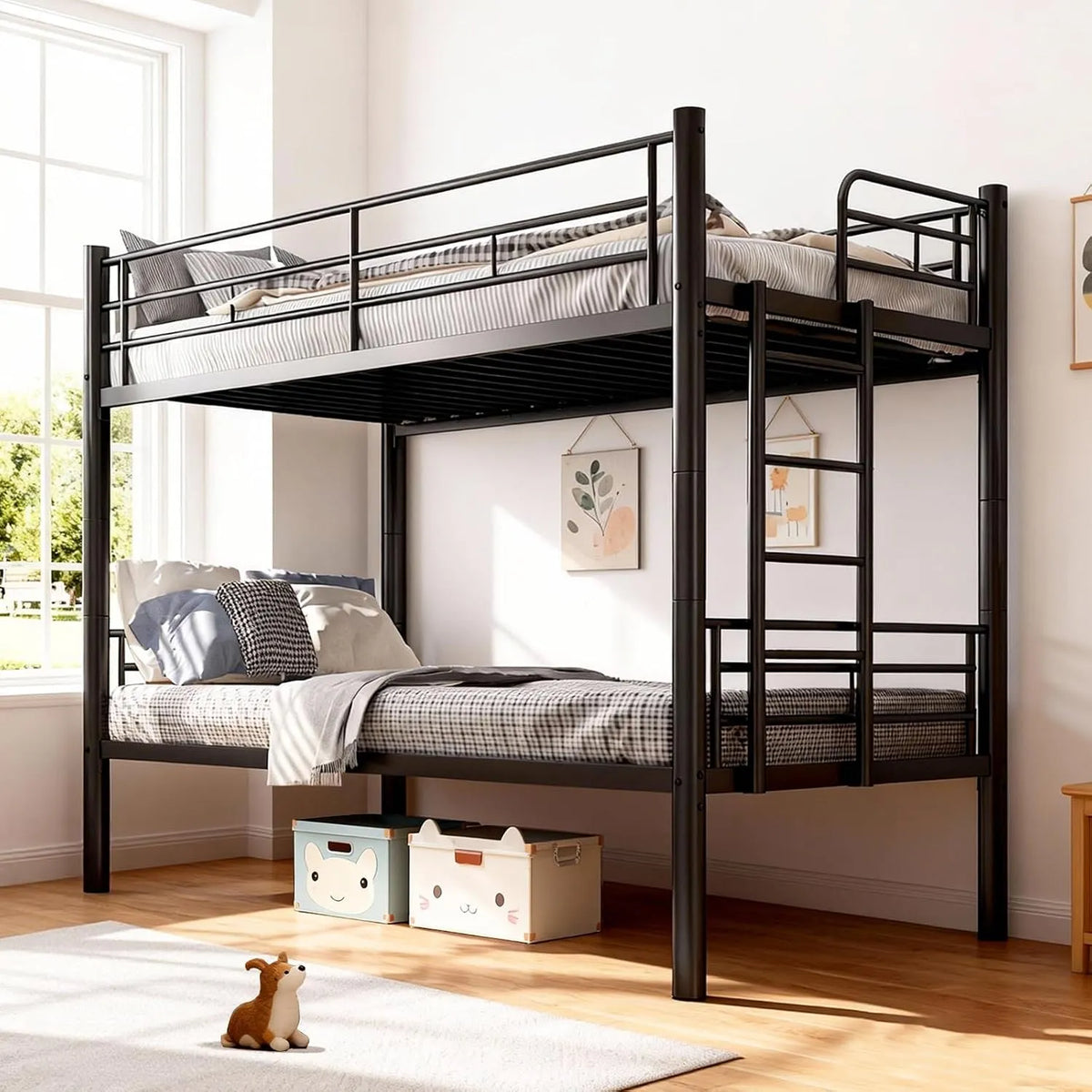 Kinderbett – aus Metall, mit Rausfallschutz, mit Leiter, mit Lattenrost, 90 × 200