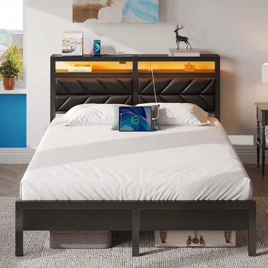 Bettgestell und Bettrahmen – mit Stauraum, mit USB-Anschluss, LED-Anzeige, 140 × 200, schwarz, aus Metall