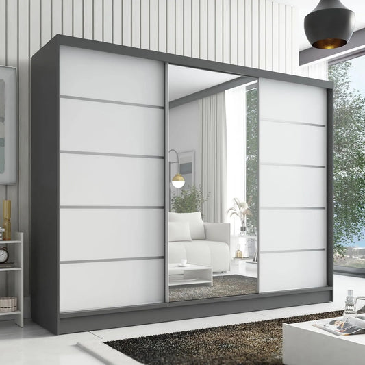 Kleiderschrank und Garderobenschrank — mit Schubladen, mit Spiegel, 3-türig, 200 cm