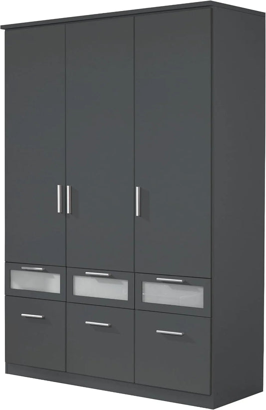 Rauch Möbel Kleiderschrank und Garderobenschrank: mit Schubladen, 3-türig, 6 Schubladen, 136 × 199 × 56 cm, grau, aus Metall