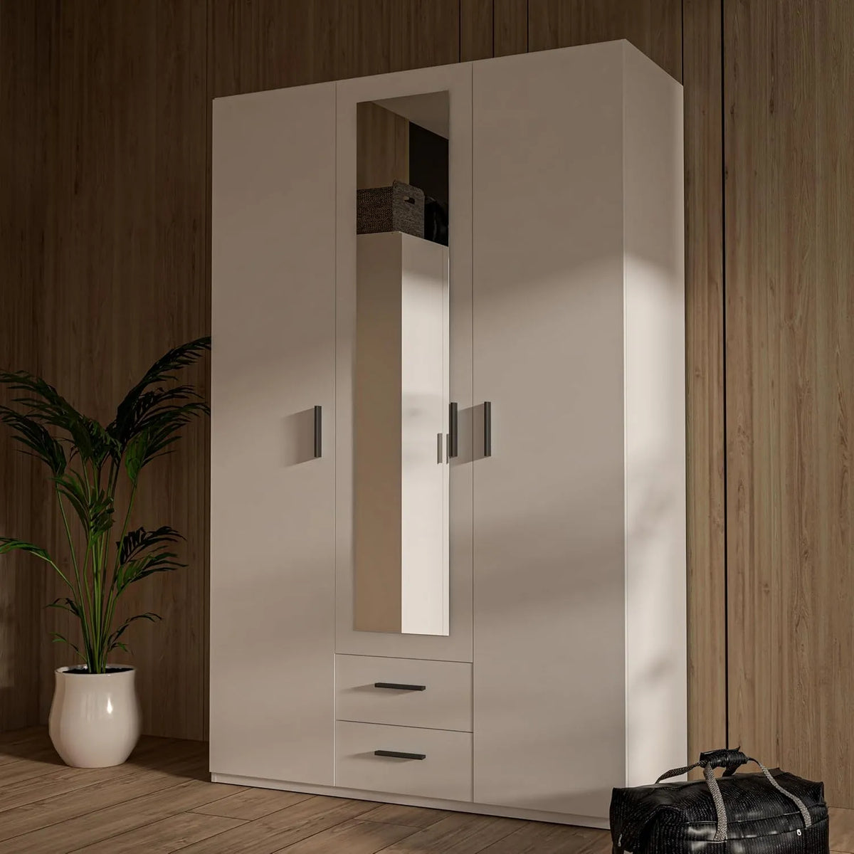 Kleiderschrank und Garderobenschrank: TRAWEN, mit Schubladen, mit Spiegel, 3-türig, 2 Schubladen, 133, 2 cm, 210, 5 cm, mit Stoffbezug