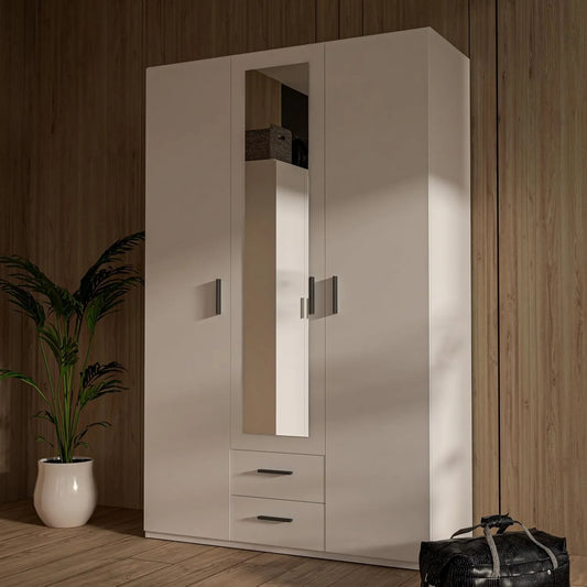 Kleiderschrank und Garderobenschrank: TRAWEN, mit Schubladen, mit Spiegel, 3-türig, 2 Schubladen, 133, 2 cm, 210, 5 cm, mit Stoffbezug