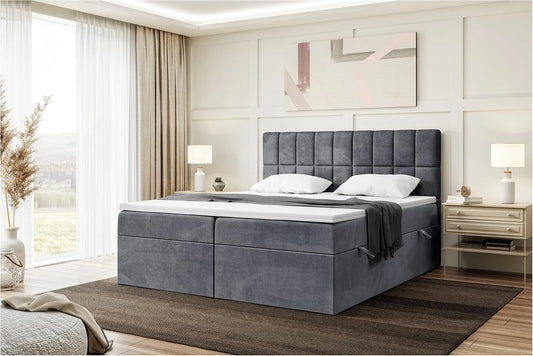 Polsterbett und gepolstertes Bettgestell – mit Stauraum, mit Bettkasten, mit Samtbezug, 180 × 220, grau