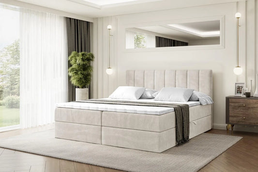 Polsterbett und gepolstertes Bettgestell: OTTA, mit Stauraum, mit Bettkasten, mit Samtbezug, mit Lattenrost, 200 × 200, beige, ALTDECOR H4