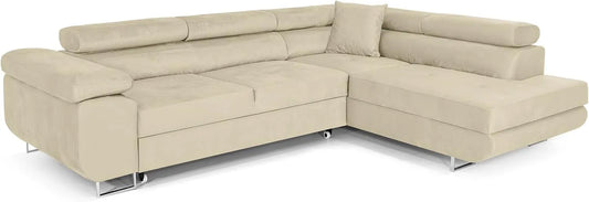 Ecksofa und Wohnlandschaft – PASTI, L-Form, rechte Ausrichtung, mit Bettkasten, mit Schlaffunktion, 3-Sitzer, beige