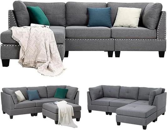 Ecksofa und Wohnlandschaft — L-Form, freistehend, mit Bettkasten, mit Schlaffunktion, 3-Sitzer, grau