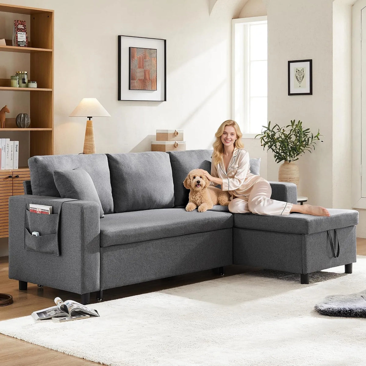 Ecksofa und Wohnlandschaft: L-Form, mit Stauraum, mit Bettkasten, mit Schlaffunktion, 3-Sitzer, grau