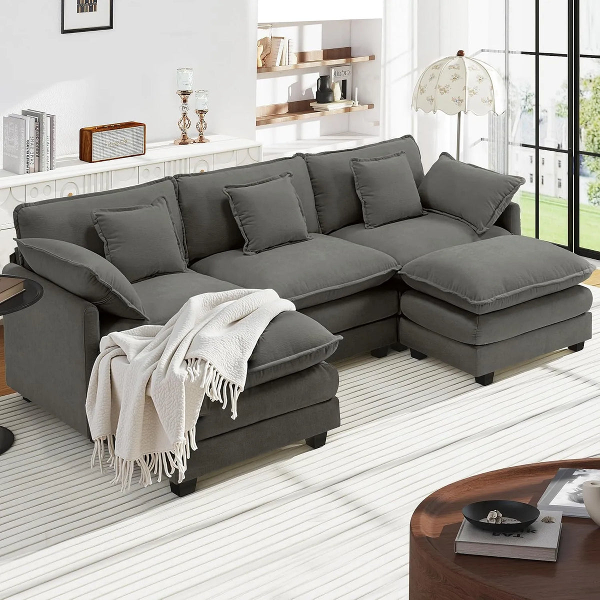 Hocker – atmungsaktiv, modular, U-Form, mit Chenille-Bezug, 5-Sitzer, grau, mit Stoffbezug