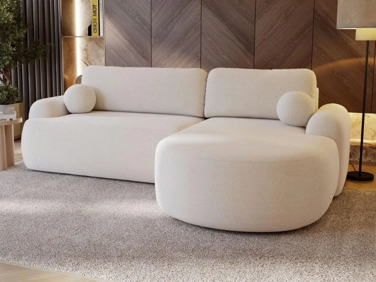 Ecksofa und Wohnlandschaft — L-Form, rechte Ausrichtung, mit Stauraum, mit Bettkasten, 3-Sitzer, 261 × 177 cm, weiß, mit Schlaffunktion