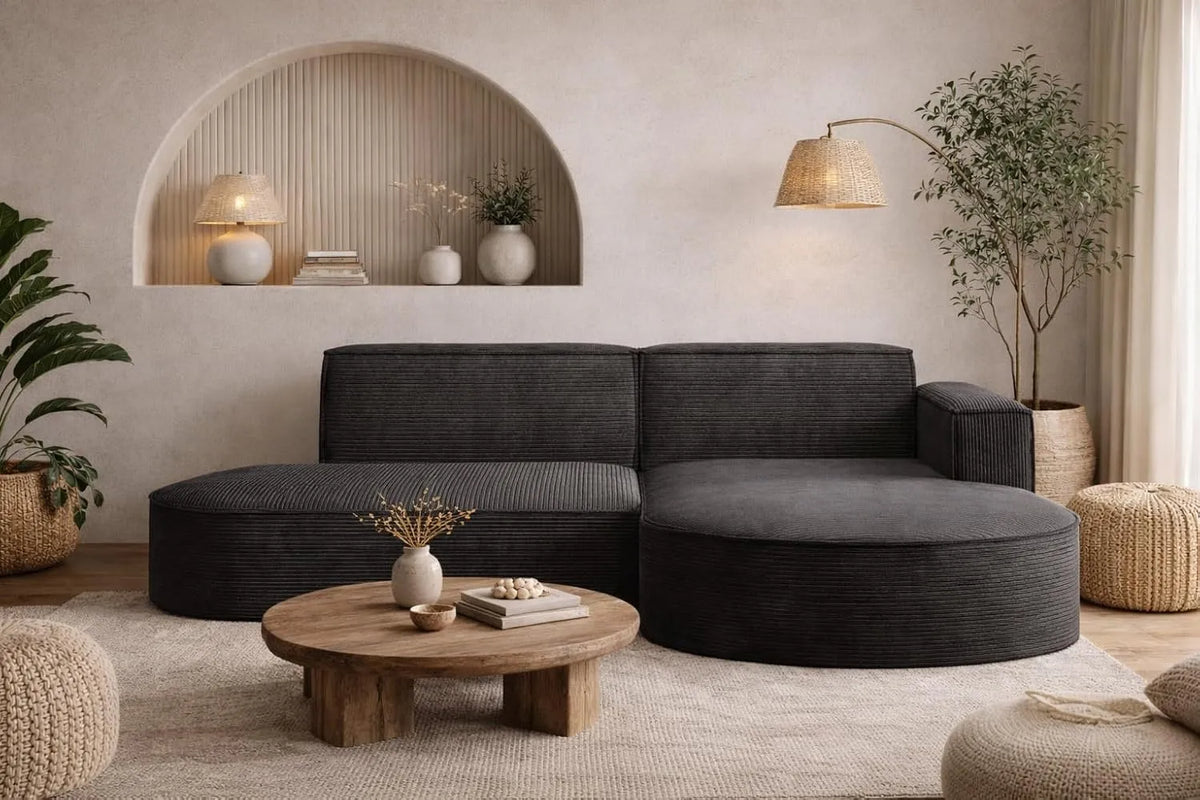 Ecksofa und Wohnlandschaft — L-Form, rechte Ausrichtung, mit Cordbezug, 3-sitzer, grau