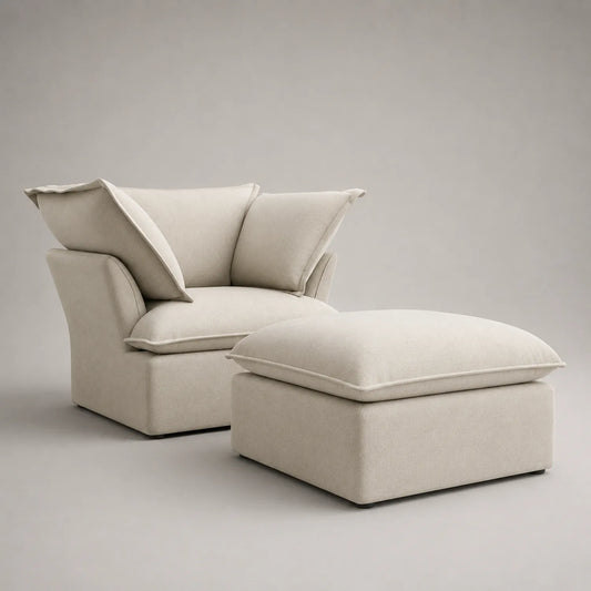 Sessel und Hocker Set mit Stoffbezug in Beige