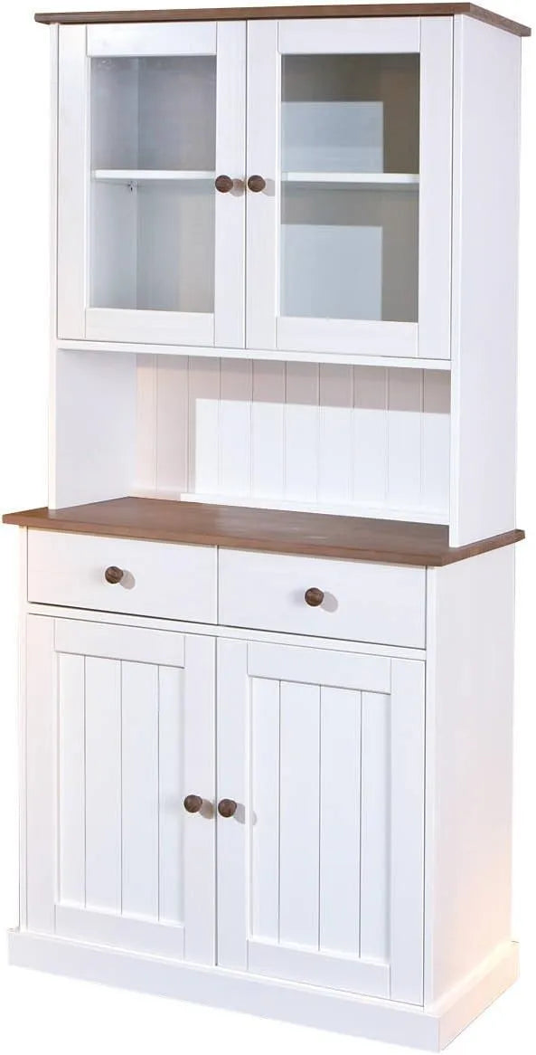 Vitrinenschrank und Glasvitrine — FSC, mit Schubladen, aus Massivholz, 4 Türen, 2 Schubladen, weiß