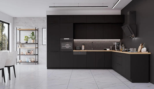 Küchenzeile: mit Stauraum, 350 × 290 cm, schwarz