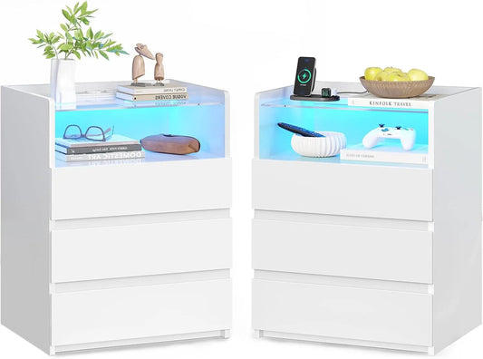 Nachttisch — mit Schubladen, LED-Anzeige, 2er Set, 3 Schubladen, weiß