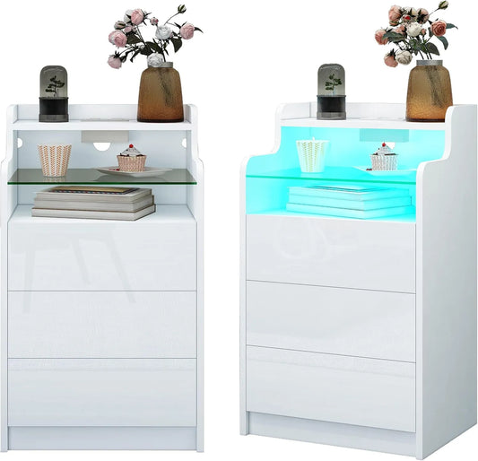 Nachttisch – mit Schubladen, mit USB-Anschluss, LED-Anzeige, 2er Set, 3 Schubladen, 45 × 35 × 76cm, weiß