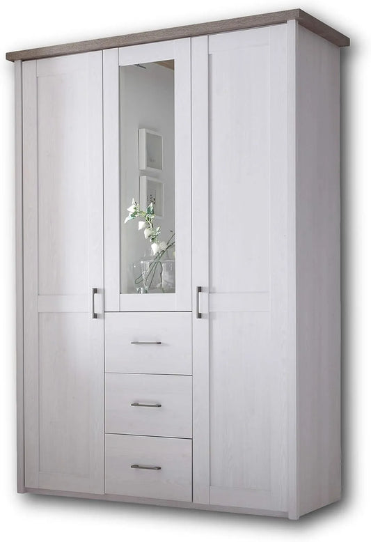 Kleiderschrank und Garderobenschrank – KOMFORT, mit Spiegel, 3-türig, 150 × 212 × 62 cm, weiß