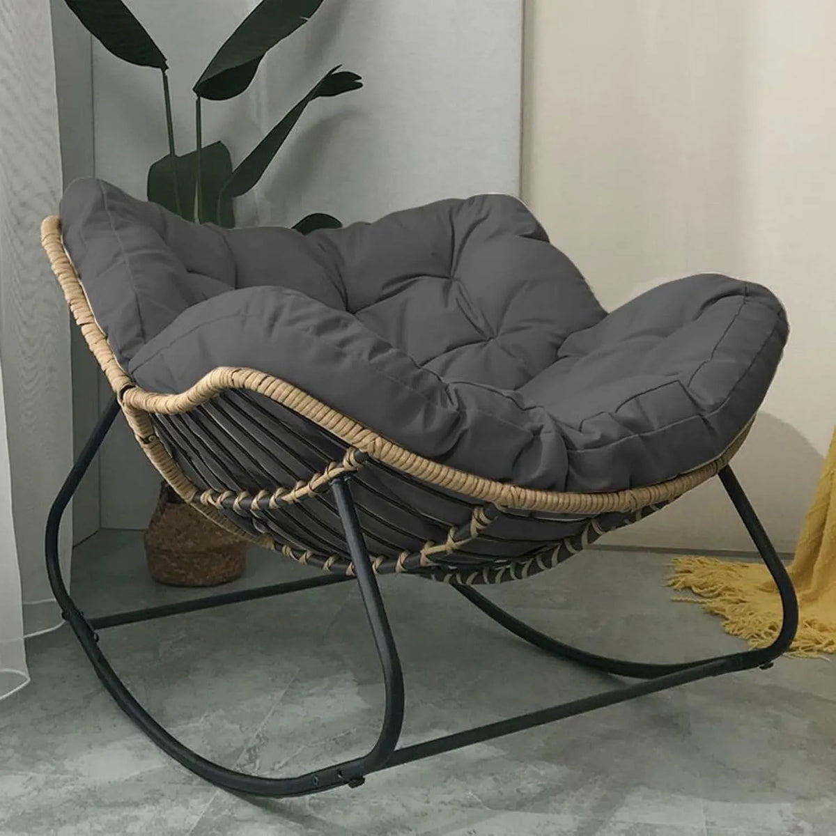 Patio Rocking Outdoor Papasan with Cushion Padded Indoor Oversized Rattan – aus Metall, aus Polyrattan, grau