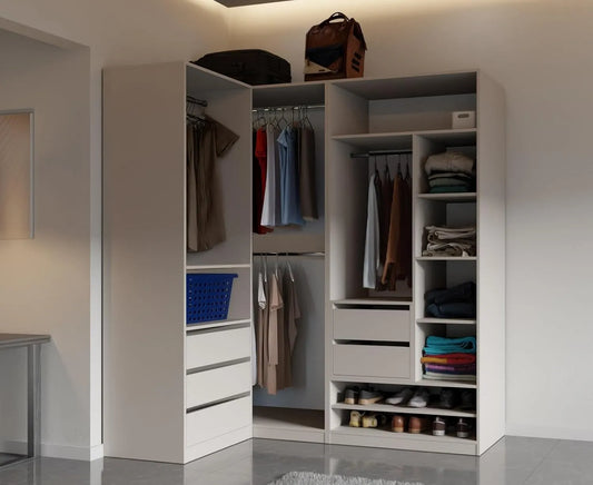 Kleiderschrank und Garderobenschrank: TRES, mit Schubladen, mit Kleiderstange, mit Einlegeböden, 111 × 206 × 51 cm