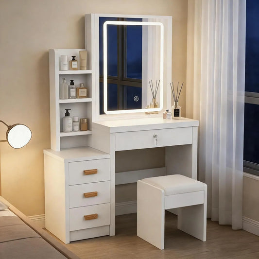 Schminktisch und Frisiertisch – mit Schubladen, mit Spiegel, LED-Anzeige, 4 Schubladen, 135 × 80 × 36cm, weiß