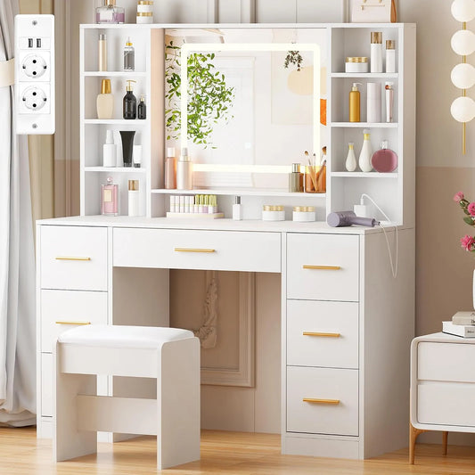 Schminktisch und Frisiertisch — BDT65W, mit Schubladen, mit Spiegel, LED-Anzeige, 7 Schubladen, 140×100×40cm, weiß, ANWBROAD BDT65W