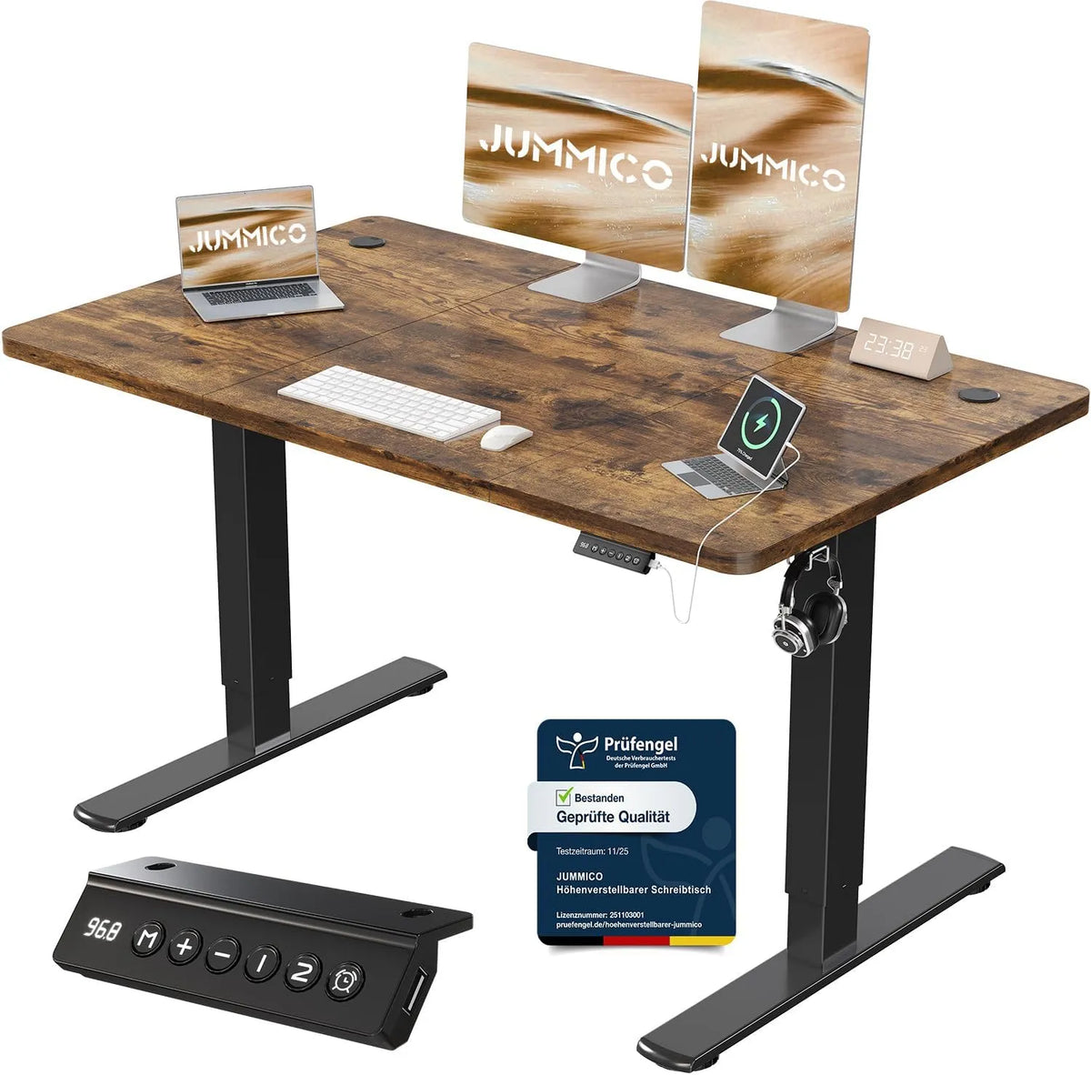 Schreibtisch und Computertisch – höhenverstellbar, mit USB-Anschluss, 120 × 60 cm, braun