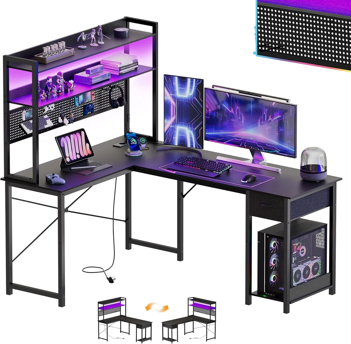 Schreibtisch und Computertisch — mit Stauraum, mit USB-Anschluss, für Gaming, 155 × 100 cm, schwarz