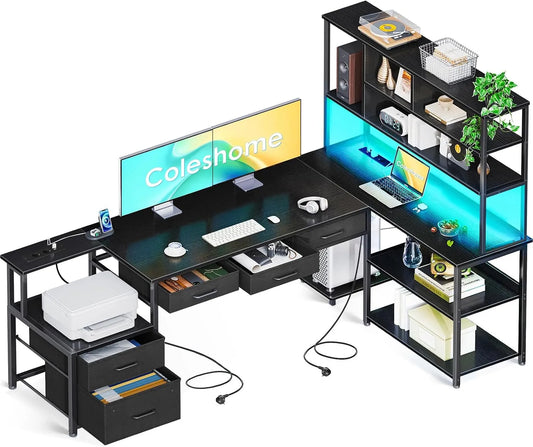 Schreibtisch und Computertisch — L-Form, mit Schubladen, mit USB-Anschluss, LED-Anzeige, 5 Schubladen, 180×100cm, schwarz