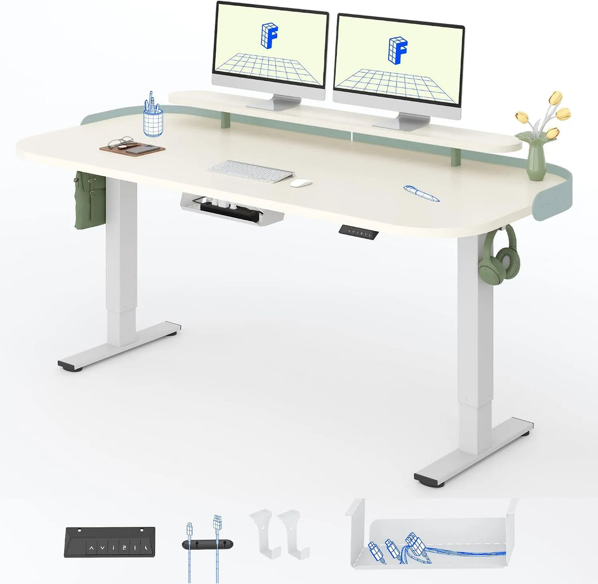 Schreibtisch und Computertisch: Schaumstoffpolsterung, höhenverstellbar, leiser Betrieb, 160 × 80 cm, 116 cm, weiß, mit Lederbezug