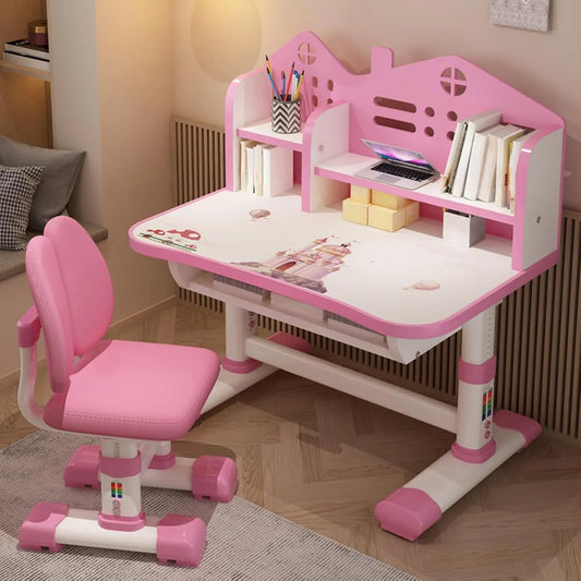 Schreibtisch und Computertisch: für Kinder, Cartoon-Stil, mit Schubladen, höhenverstellbar, rosa