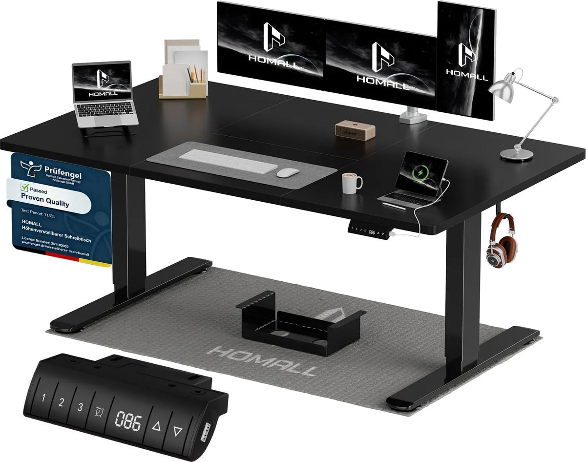 Schreibtisch und Computertisch: USB-A, höhenverstellbar, mit USB-Anschluss, 140 × 70cm, schwarz
