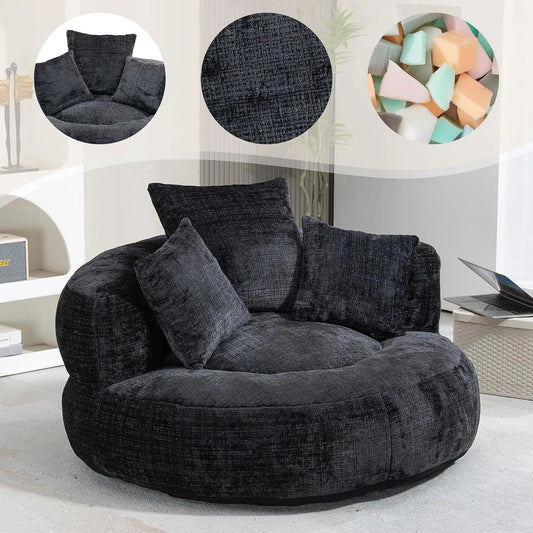 Sitzsack – mit Chenille-Bezug, mit Armlehnen, mit Rückenlehne, mit Kissen, 108 × 108 × 52 cm, schwarz