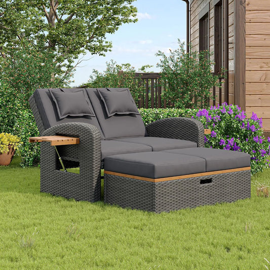 Bettgestell und Bettrahmen: mit Rückenlehne, mit Kissen, aus Polyrattan, verstellbar