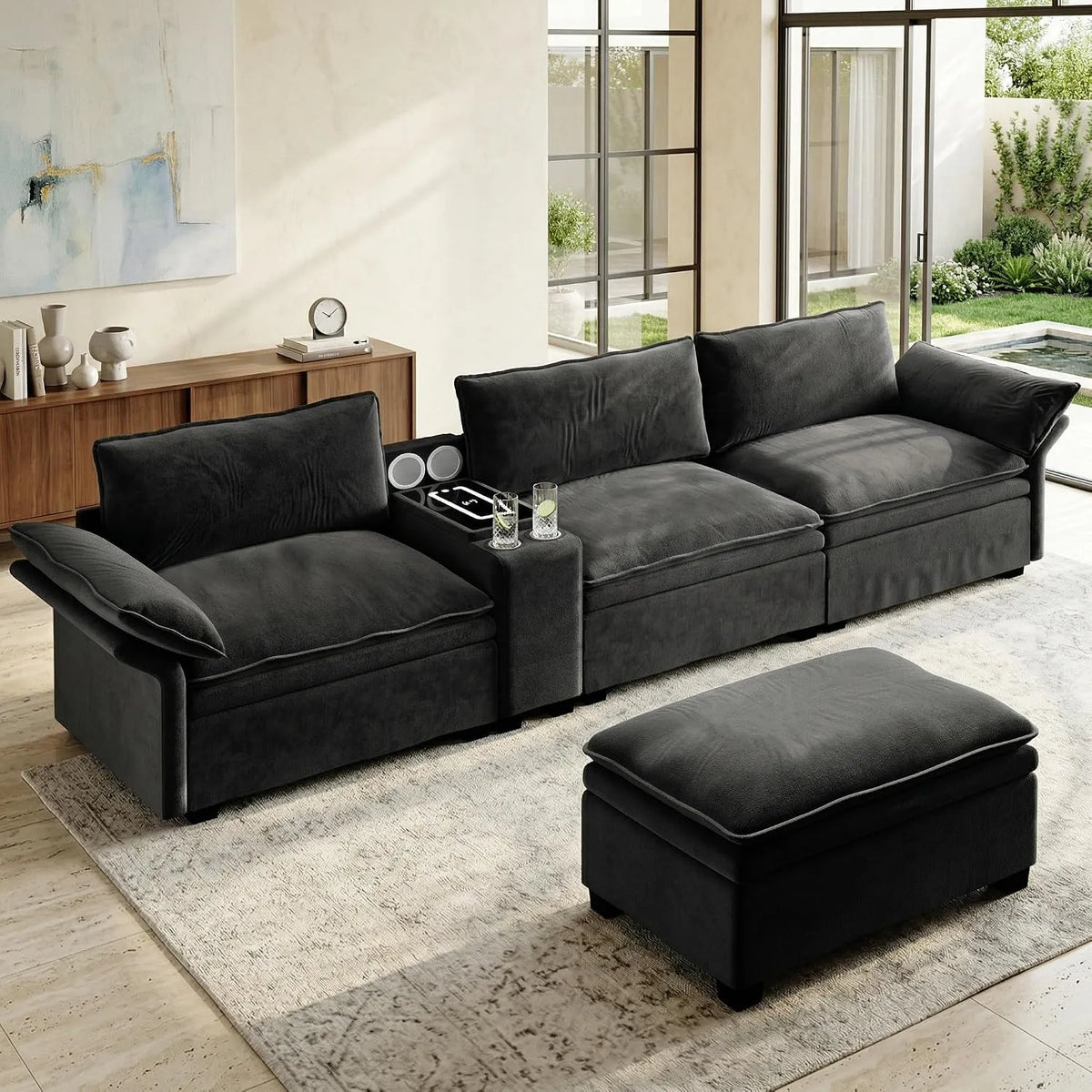 Ecksofa und Wohnlandschaft — modular, L-Form, mit Chenille-Bezug, mit Bettkasten, 4-Sitzer, schwarz, mit Schlaffunktion