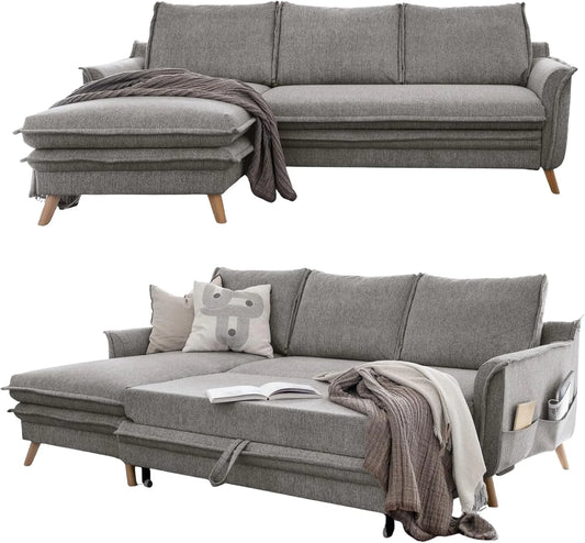 Ecksofa und Wohnlandschaft: L-Form, linke Ausrichtung, mit Bettkasten, mit Schlaffunktion, 4 Sitzer, 228 × 150 × 90cm, grau, klappbar, 4-Sitzer