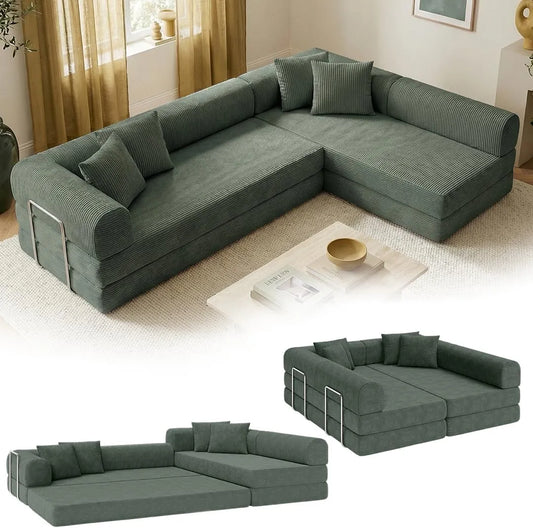 Ecksofa und Wohnlandschaft – L-Form, mit Cordbezug, mit Kissen, klappbar, 4 Sitzer, 300cm, grün, aus Metall, 4-Sitzer