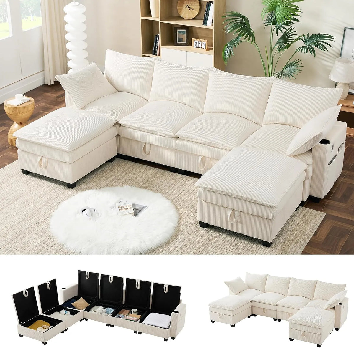 Eckmodul für Sofa — U-Form Ecksofa und Wohnlandschaft, modular, L-Form, mit Cordbezug, 4-Sitzer, beige, mit Schlaffunktion, mit Stauraum