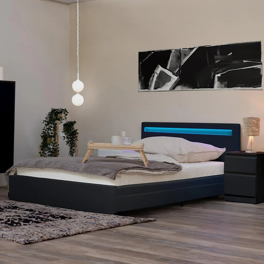 Polsterbett und gepolstertes Bettgestell – NUBE, mit Schubladen, mit Lattenrost, LED-Anzeige, 180 × 200 cm, grau