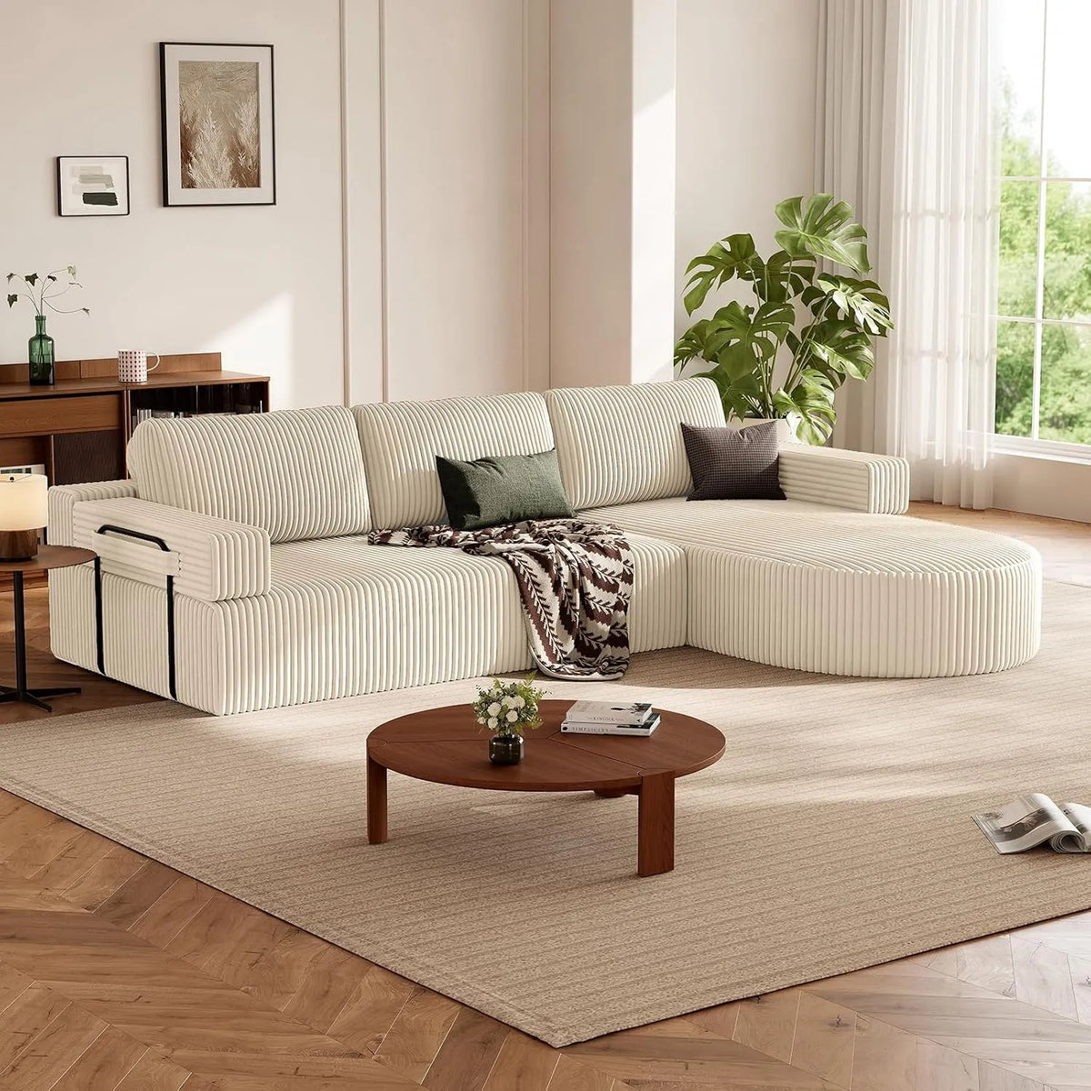 Ecksofa und Wohnlandschaft: modular, mit Cordbezug, mit Schlaffunktion, 75cm, beige