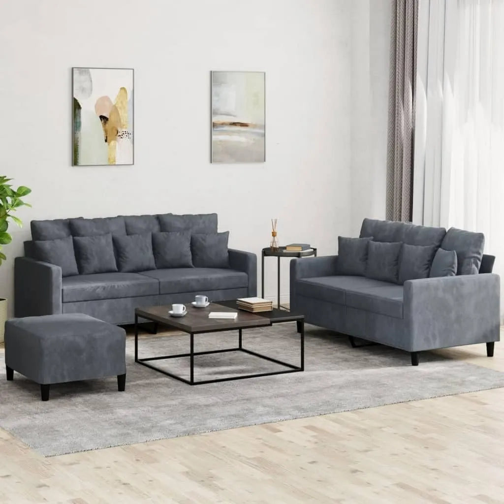 Sofagarnitur – TLG, mit Kissen, mit Samtbezug, 3-TLG, grau