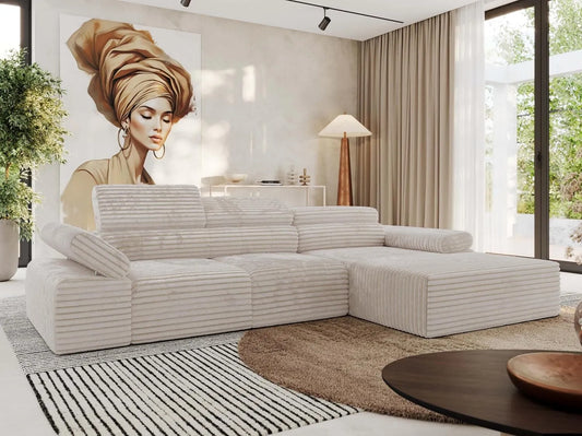 Ecksofa und Wohnlandschaft — MEBLE, L-Form, rechte Ausrichtung, mit Relaxfunktion, mit Cordbezug, beige