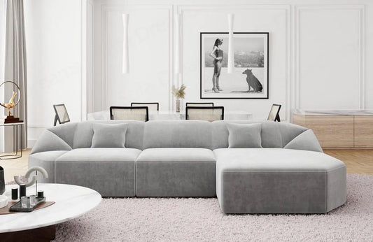 Ecksofa und Wohnlandschaft: Cabrera, rechte Ausrichtung, mit Samtbezug, grau, mit Stoffbezug