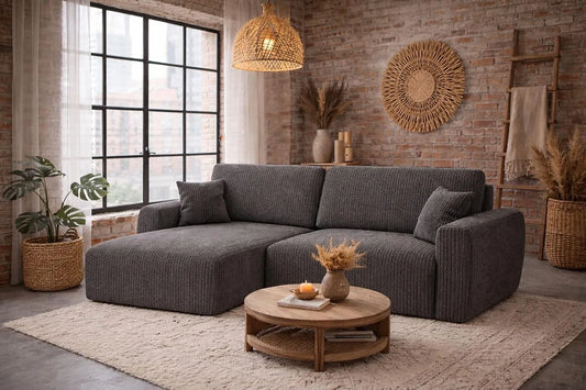 Ecksofa und Wohnlandschaft – linke Ausrichtung, mit Bettkasten, mit Schlaffunktion, 230 × 140 cm, grau