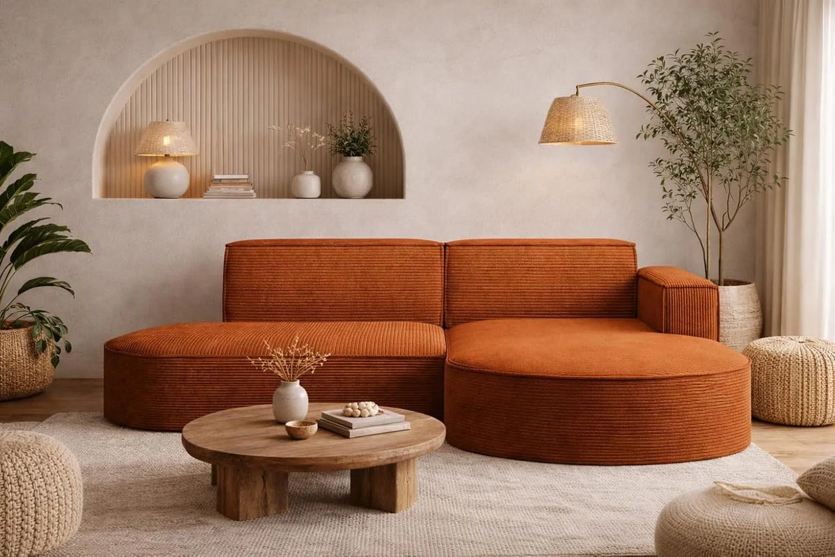Ecksofa und Wohnlandschaft: L-Form, rechte Ausrichtung, mit Cordbezug, 3-sitzer