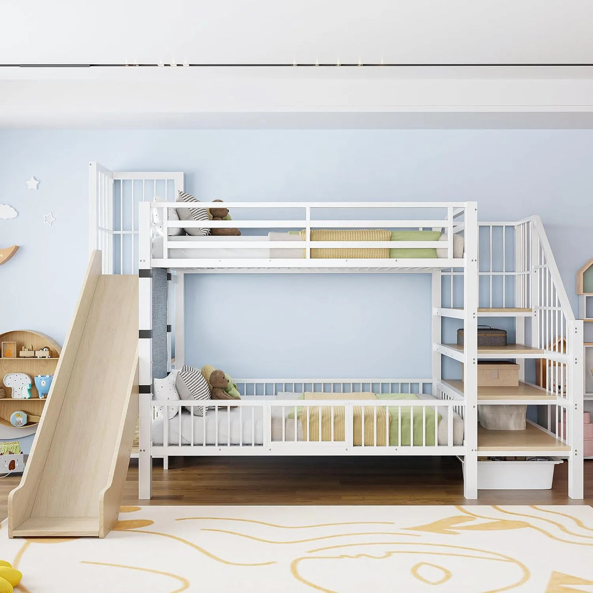 Kinderbett — für Kinder, aus Metall, mit Stauraum, mit Treppe, 90 × 200CM, weiß