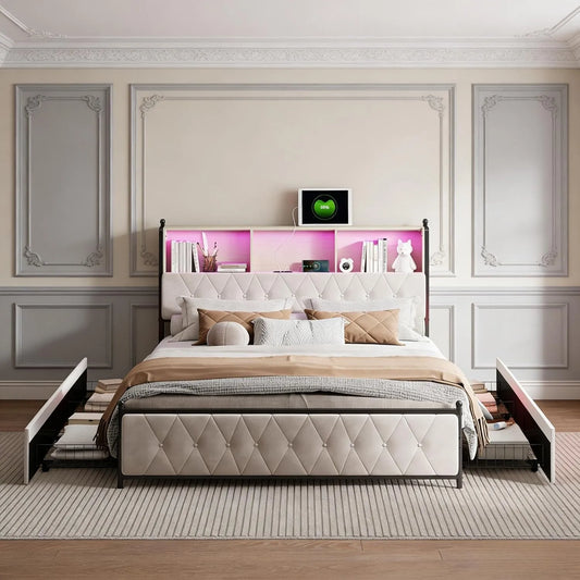 Polsterbett und gepolstertes Bettgestell: mit Stauraum, mit Schubladen, mit Rückenlehne, mit Samtbezug, 4 Schubladen, 180 × 200cm, beige