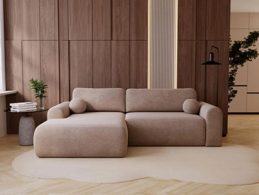 Ecksofa und Wohnlandschaft — L-Form, linke Ausrichtung, mit Bettkasten, 3-Sitzer, 257 × 177 cm, beige, mit Samtbezug, mit Stoffbezug