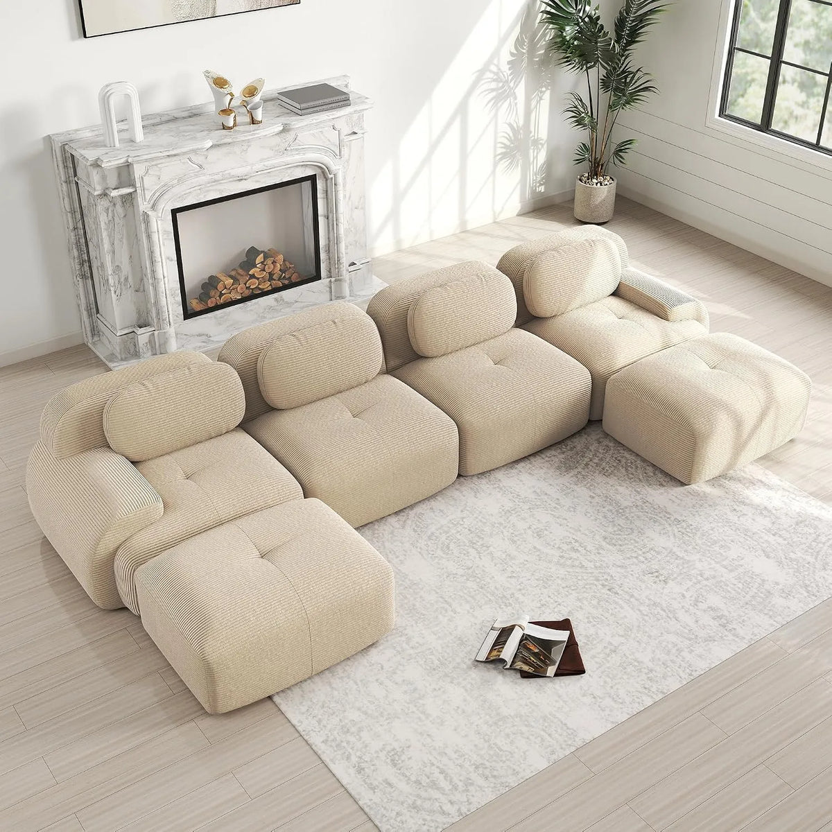 Eckmodul für Sofa – Couchs, modular, U-Form, mit Cordbezug, 4-Sitzer, beige