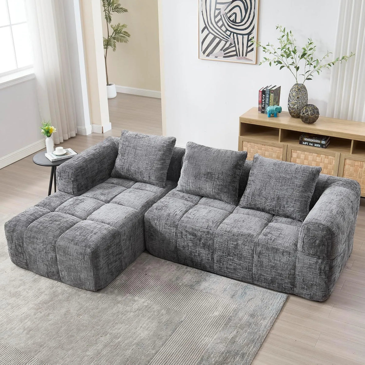 Ecksofa und Wohnlandschaft – modular, mit Chenille-Bezug, mit Schlaffunktion, 250cm, grau
